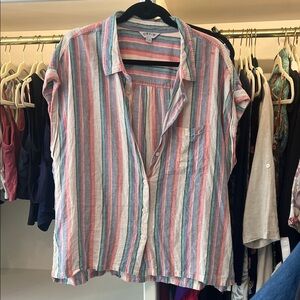 Orvis linen button top stripe top size Large pink white blue green